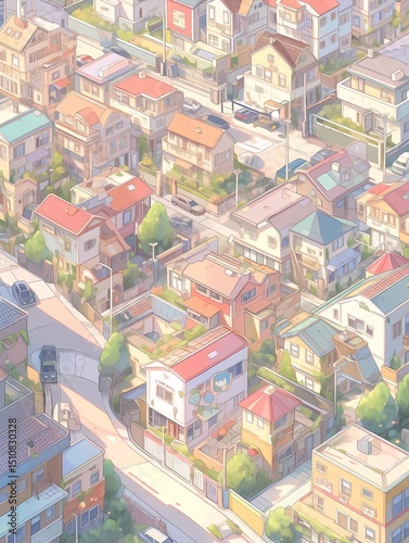 A charming town with unique, warmly colored houses and red roofs, bustling with streets, sidewalks, and nature, full of character and charm.