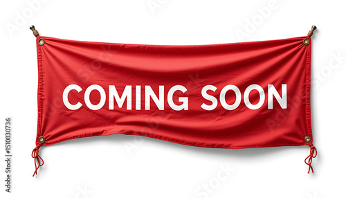 Red fabric banner with white coming soon text and eyelets