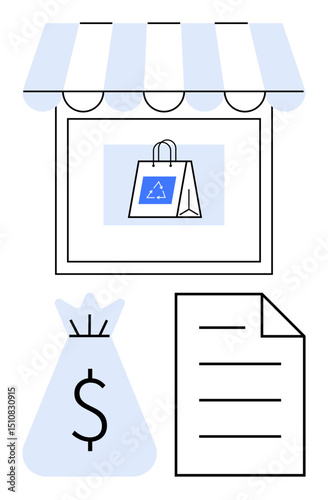 Reusable shopping bag in storefront, money bag, and receipt convey eco-friendly retail. Ideal for sustainability, shopping, business, e-commerce, finance, environmental responsibility and flat