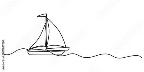Sailboat icon continuous one line drawing outline vector, Simple illustration of a sailboat in the sea drawn with a continuous black line on a white background.                                        