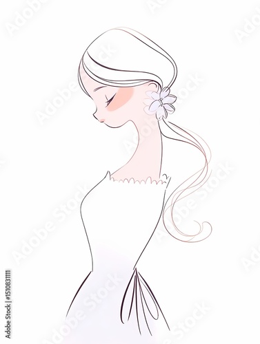 Serene young woman with flowing hair, single flower in locks, eyes closed contemplation