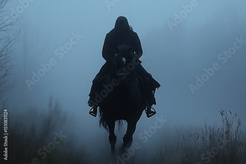 Silhouette of a headless horseman riding through the fog