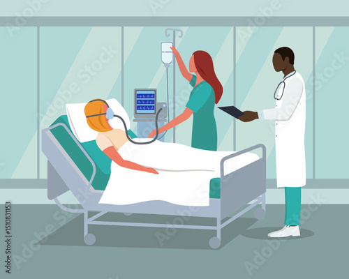 Hospital. Intensive care unit. The patient, the nurse, and the doctor. A woman on a ventilator.