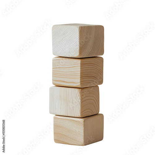 A Vertical Stack of Four LightColored Wooden Blocks Isolated on White isolated on transparent background