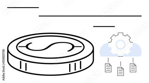 Large coin with currency mark next to cloud hosting gear icon and linked documents, connecting technology and finance. Ideal for fintech, blockchain, digital wallets, automation, cloud storage