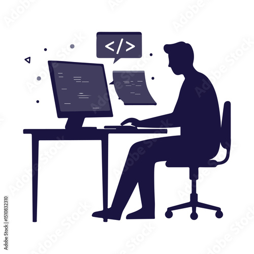 Coding silhouette person at desktop with floating code screen