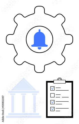 Notification bell inside gear symbolizing operation setup, checklist representing tasks, and institution icon. Ideal for workflow, task management, organization, settings, alerts, compliance simple