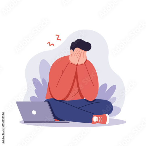 Stressed Man Covering Face While Working on Laptop Experiencing Burnout and Overwhelmed by Workload Frustration