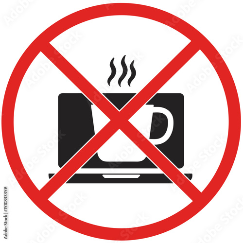 No drinking coffee near laptop symbol in a prohibition sign  