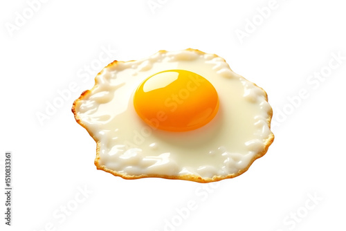 A single fried egg on a white background showing yolk and white clearly