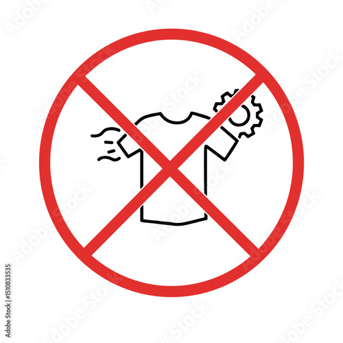 No wash symbol with T-shirt and gear icon in red prohibition sign  