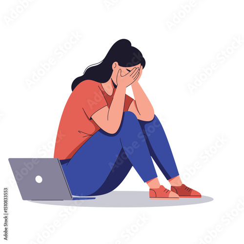 Frustrated Woman Sitting by Laptop with Hands Covering Face Feeling Overwhelmed and Stressed by Work or Life