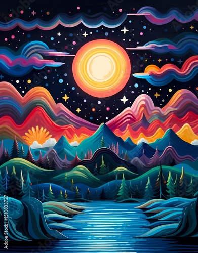 Anime illustration of a serene twilight landscape, radiant sun, shimmering water, rolling hills, tranquil scene.