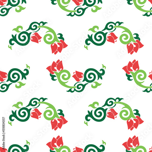Islamic tulip, floral geometry. Tatar seamless pattern. Culture of the Tatar people, symbols of green and red