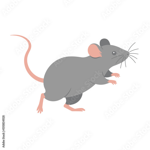 Cartoon Gray Mouse Standing on Hind Legs Isolated on White Background Simple Vector Illustration