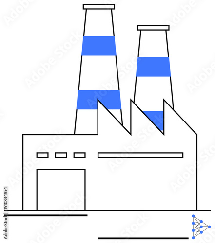 Factory building with two chimneys, rectangular and angular shapes. Ideal for industry, manufacturing, technology, energy, production, innovation and automation themes. Flat simple metaphor