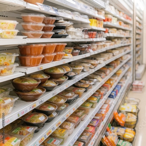 コンビニエンスストアの棚に並んだ弁当や食品