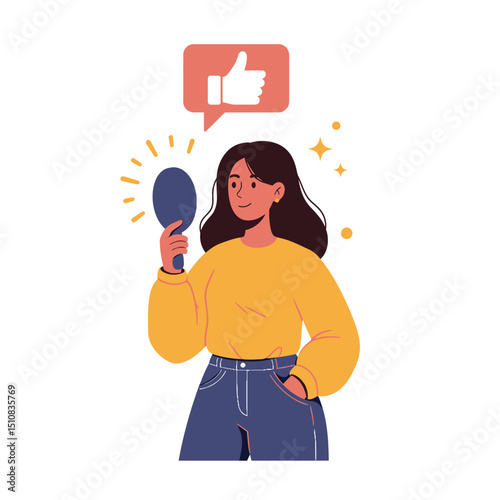 Woman looking in mirror with thumbs up icon self love concept