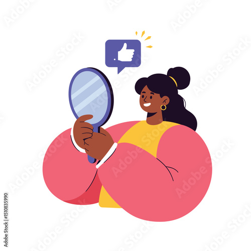 Woman looking in mirror with thumbs up icon self love concept