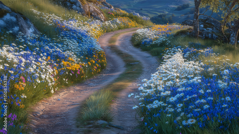 Naklejka premium 野の花が咲き誇る田舎道の風景 generative ai