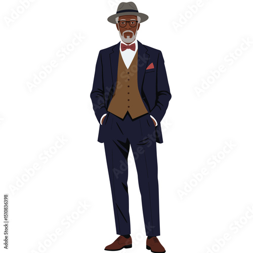 Stylish senior African American man in a suit with a fedora hat