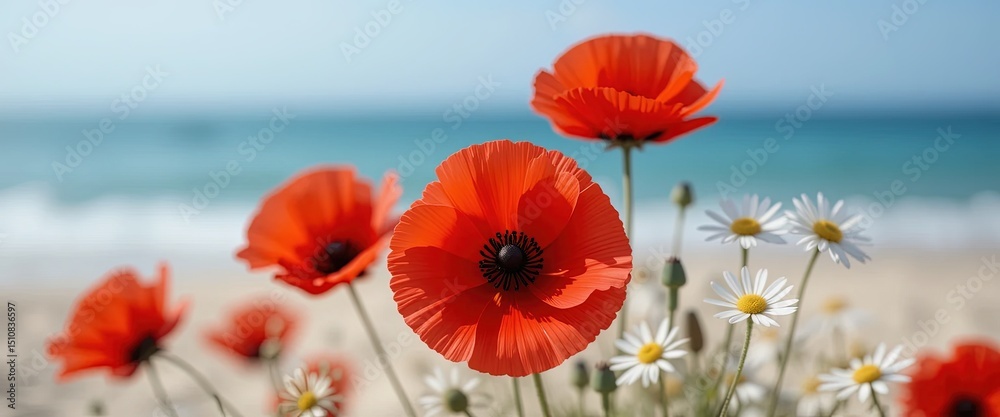 Obraz premium Close-Up of Red Poppies and White Daisies by the Beach – Softly Lit Floral Scene with Ocean Background and Shallow Depth of Field