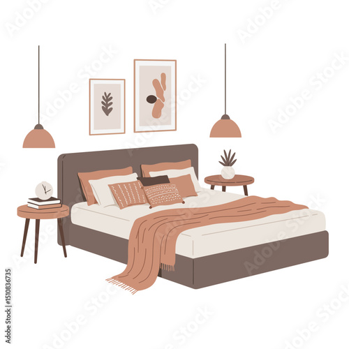 Cozy Bedroom Interior with Bedside Tables and Decorative Elements Illustration