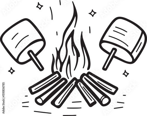 Campfire Marshmallow Roasting Clipart. Hand Drawn Bonfire Illustration with Flames and Sticks for Outdoor Adventure Designs