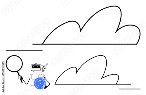 Robot holding a magnifying glass and coin, exploring data beneath abstract cloud shapes. Ideal for data analysis, AI research, cloud computing, technology innovation, digital economy, information