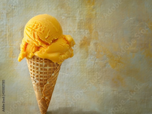 close-up of mango gelato in waffle cone, textured linen, realistic style, soft natural light, vibrant yellow and orange tones, rule of thirds with cone on left