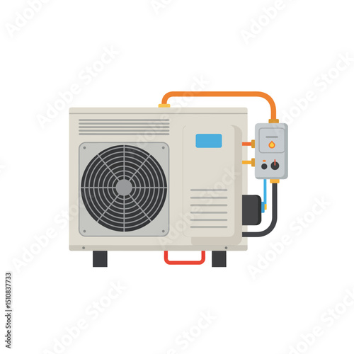 Air Conditioning Unit with Water Heater Flat Vector Illustration on White