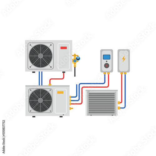 HVAC System Illustration with Air Conditioners Water Heater and Electrical Panel