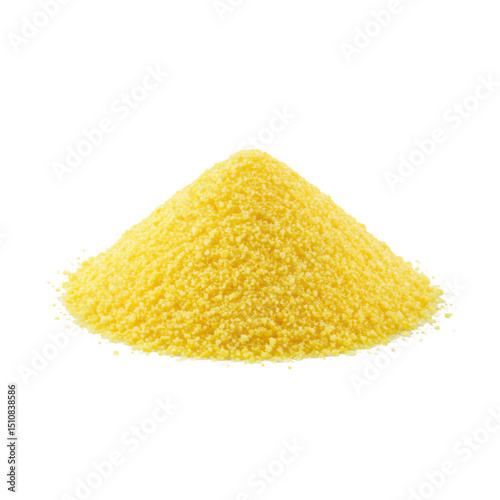 Yellow, fine cornmeal in a small heap, ultra realistic, UHD photo, isolated on a plain transparent background with clear contours, no shadows, slightly high angle shot, concept for food ingredient photo