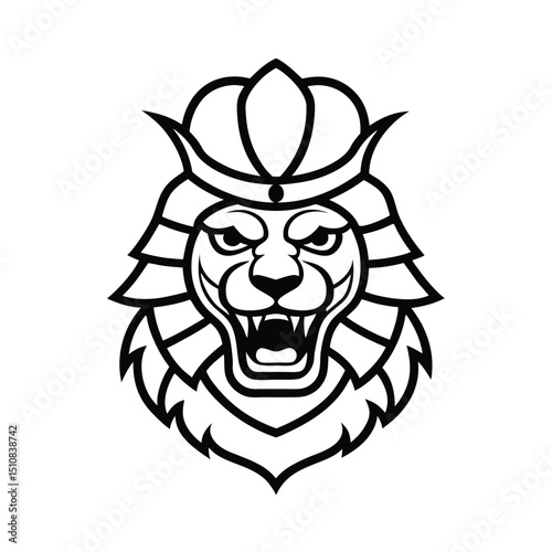 Samurai Lion Head vector line art illustration