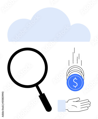 Cloud graphic above magnifying glass and falling coins towards outstretched hand. Ideal for technology, business analytics, cloud computing, online revenue, financial management, innovation, simple