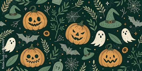 Spooky Halloween pattern with pumpkins, ghosts, and bats