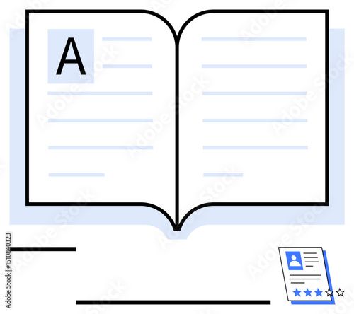Open book with text layout showing large letter A beside a profile card with star ratings. Ideal for education, reading, learning, storytelling, analysis, review systems, study tools. Flat simple