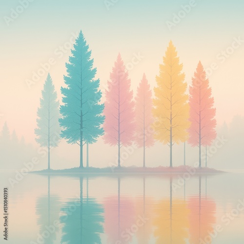 Serene Pastel Lakeside Island with Reflected Colorful Trees