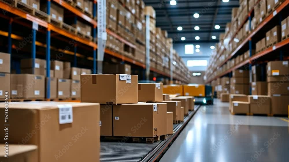 Cardboard boxes stored on shelves inside warehouse for distribution and logistics