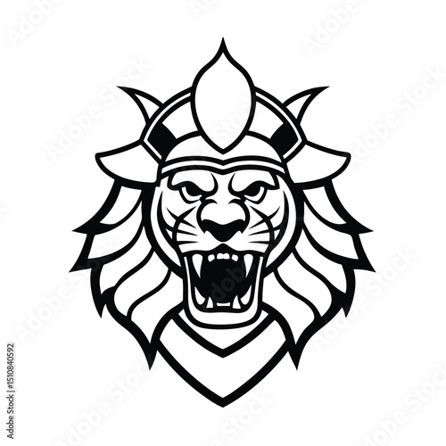 Samurai Lion Head vector line art illustration