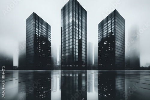 Foggy Morning View of Geometric Glass Skyscrapers Reflecting Urban Sophistication