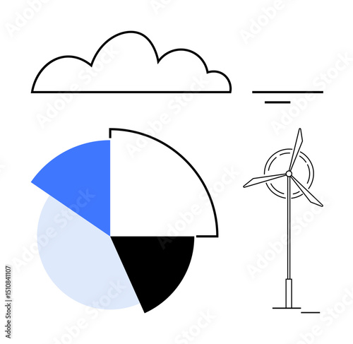 Wind turbine and cloud with a segmented pie chart in blue, black, and white. Ideal for sustainability, environment, renewable energy, data analysis, statistics ecology minimalism. Flat simple