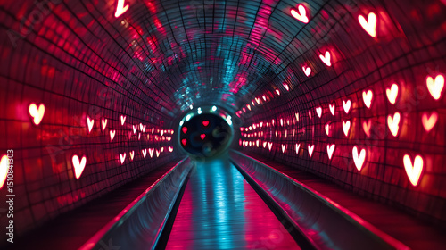 Love Tunnel Ride Floating through a love-themed tunnel with glowing heart decor, valentine day, photograph.