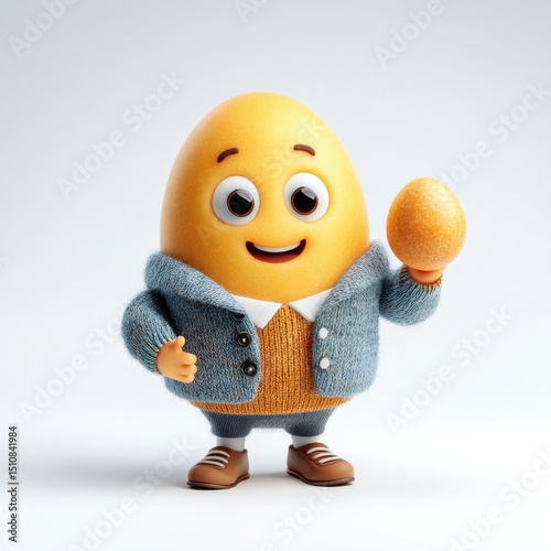 Happy cartoon character holding a golden egg in cozy sweater outfit
