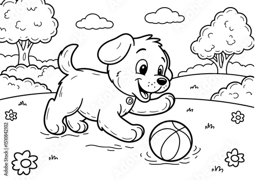 Happy puppy playing with a basketball in a sunny park - A4 coloring page