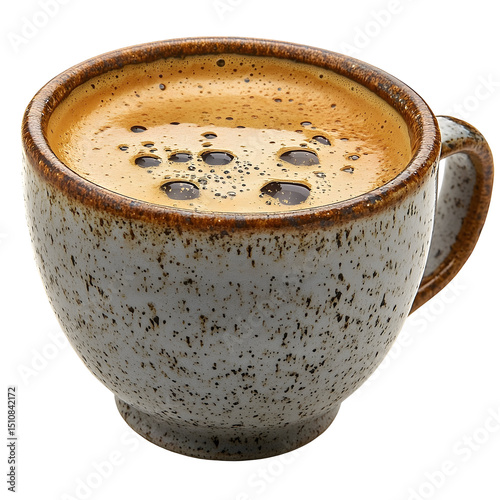 Dark coffee in rustic cup crema texture overhead view