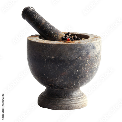 Dark stone mortar pestle with peppercorns