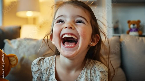 Laughing young girl portrait with joyful expression in a softly lit home setting