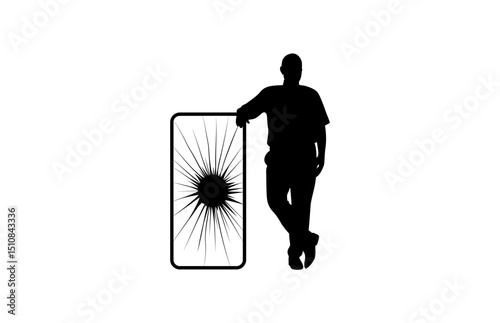 Vector illustration of an adult man leaning on a large smartphone with a cracked screen.