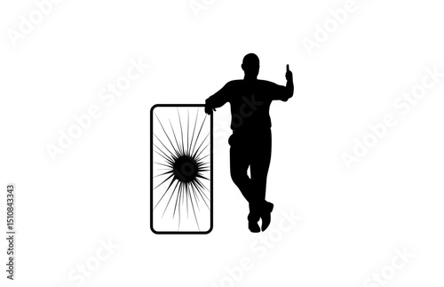 Vector illustration of an adult man leaning on a large smartphone with a cracked screen.